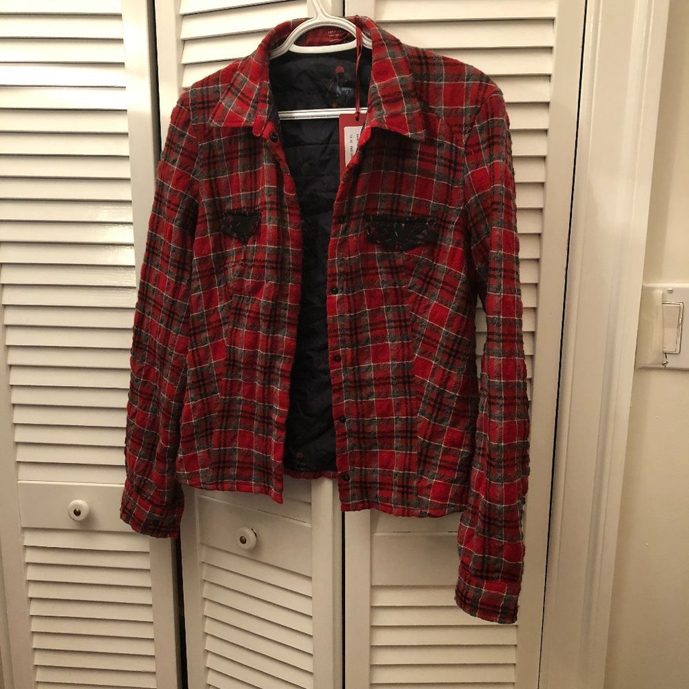 Authier padded Shirt Jacket in red gray plaid motives, fitted cut, Model Japan,S